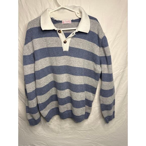 La Coqueta Blue Gray Striped Collared Knit Sweater | child’s Rugby Pullover - Picture 1 of 3